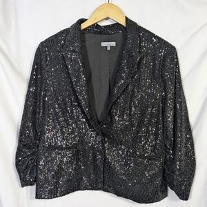 Samantha Dru Black Sequin Jacket/Blazer, Ruched Sleeves Party Holiday Y2K, Sz XL